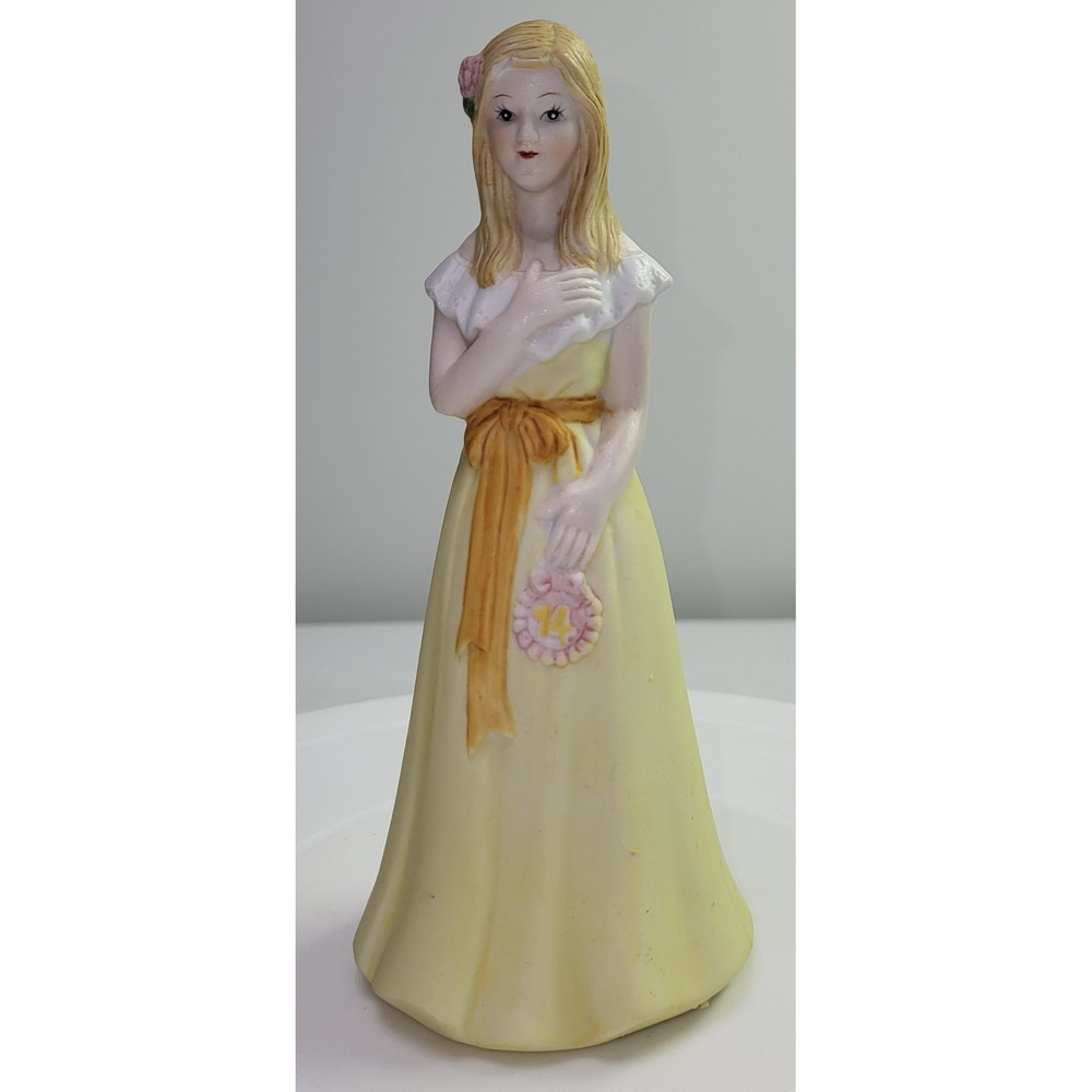 MTC Porcelain Bell Figurine Birthday Girl Age 14 Yellow Dress Bisque 6 Inch